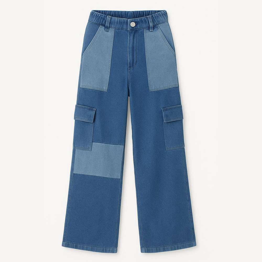 Cargo Wide Leg Jeans Colorblock Blue Light Blue Large